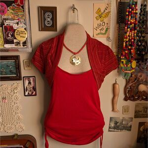 Y2K Bolero Cardigan Tank Top Girl's Large/Women's XS Red Ruched Fitted